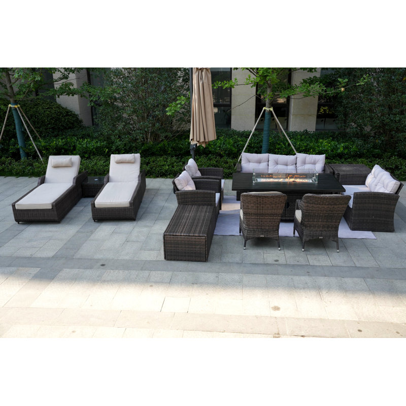 Ensemble de conversation en osier / rotin pour 11 personnes avec coussins mixtes beige et gris Abdullah