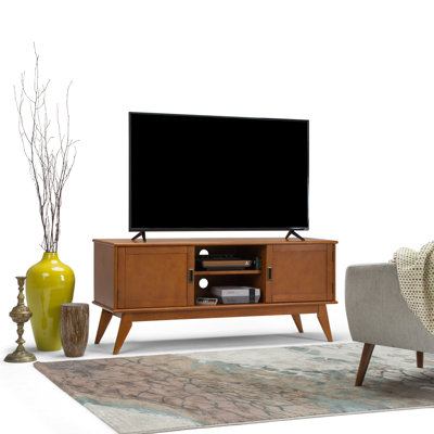 Draper 60"W Solid Wood Mid-Century Modern Low TV Stand for TVs up to 65" with 2 Cabinets and Open Shelves by Simpli Home