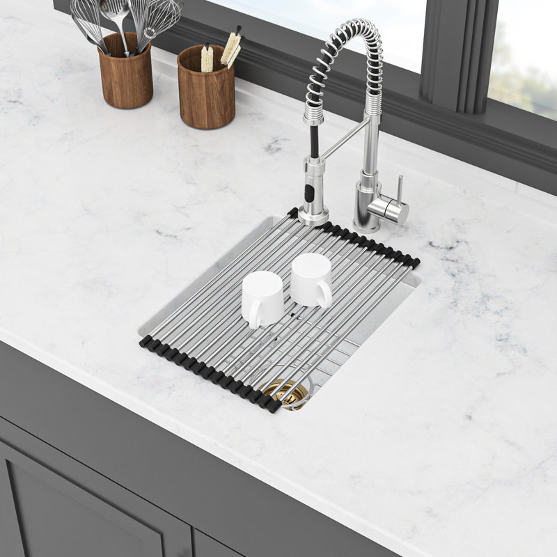 Évier de cuisine en quartz blanc, 14,41 po x 17,89 po, 8,56 po, encastré dans une seule cuve, épais et lisse, élimine les vibrations, est livré avec une crépine de séchage en composite de granite de 8,56 po haut de gamme, réduit