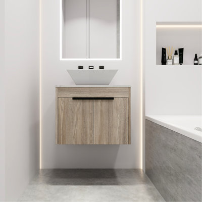 Meuble-lavabo mural 24 po. Chêne blanc avec lavabo en céramique. Porte à fermeture en douceur pour un meuble-lavabo paisible en chêne. Lavabo et porte. Rangement spacieux élégant