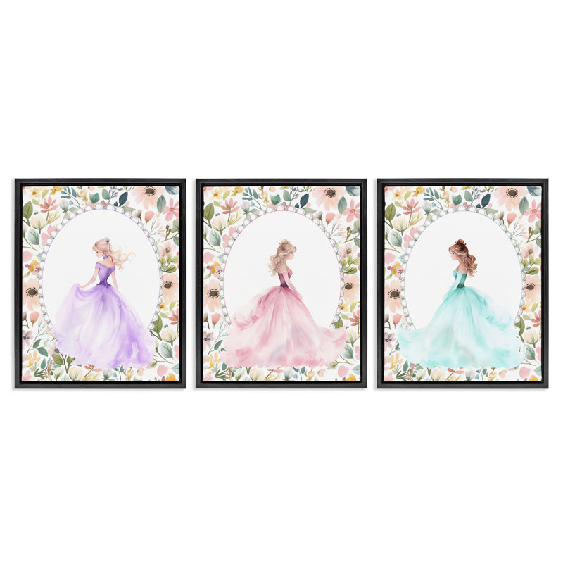 Ensemble de cadres flottants 3 pièces Princess Love Pearls & Florals, design par Christine Simpson Art, H 21 po x l 17 po
