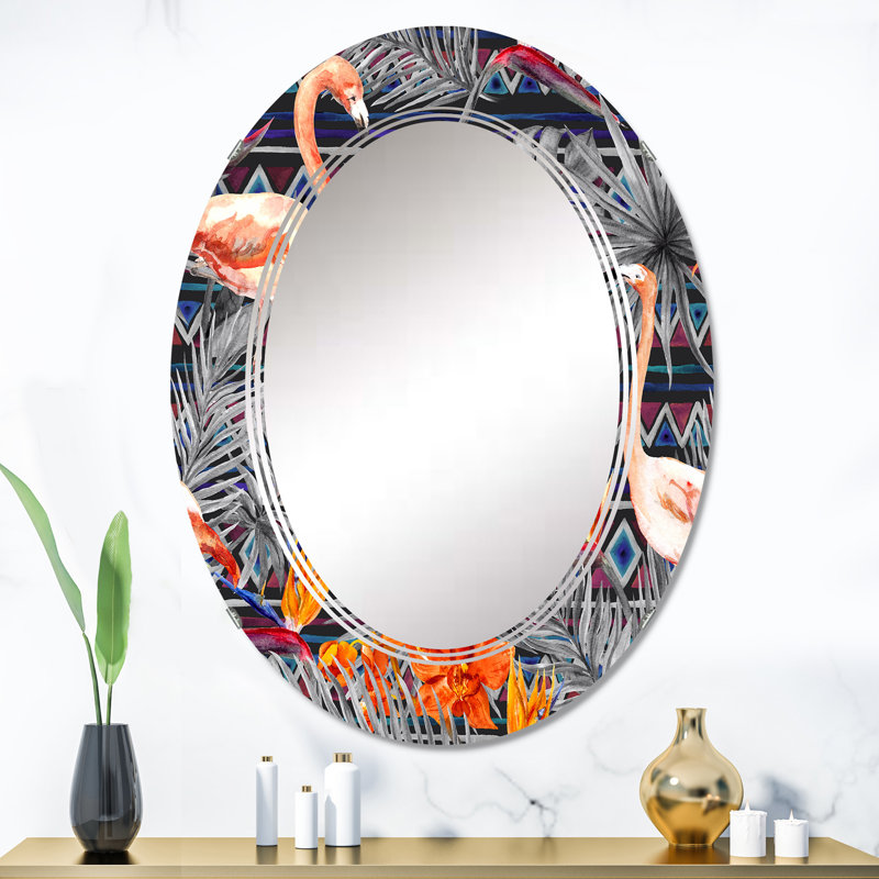 Flamant rose et fleurs exotiques oranges - Miroir mural à motif ovale, 36 po x 24 po