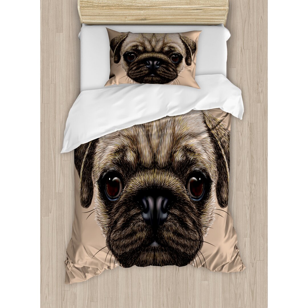 Bettbezug Set, Haustier-Tier-Kunst-Entwurf Hund, Mops, Tan Pale Brown