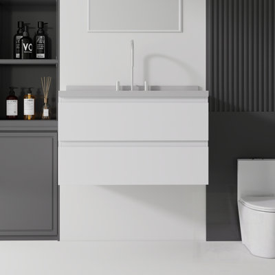 Meuble-lavabo flottant avec lavabo, tiroir à fermeture en douceur, comptoir et dosseret en marbre de granite blanc de 2 po