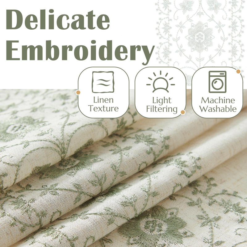 Mélange de lin à motif floral brodé pour chambre à coucher, Sauge, 54" W x 72" L