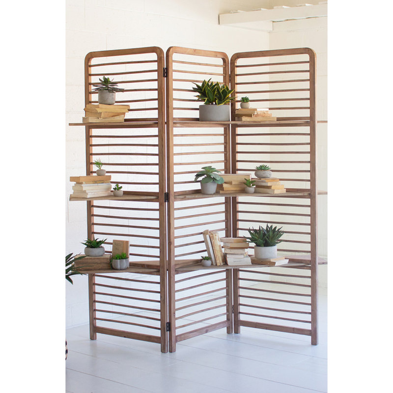 Brown Wooden Folding Screen with Three Shelves