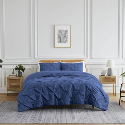 Southshore Fine Linens Pintuck Pleat Dark Blue King/California King 3-Piece Textured Duvet Cover Set with 2 King Shams, 110 GSM Microfiber