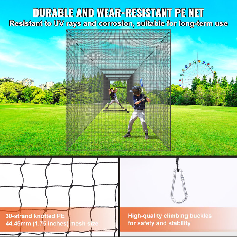 Filet de baseball frappé, filet d'entraînement professionnel de baseball frappant au frappeur, filet de pratique de cage de lancer portable avec porte et sac de transport, filet PE fermé robuste, 70 pi (filet seulement)