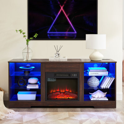 Meuble télé Meuble télé avec foyer et tablettes en verre, foyer 3D avec lumières DEL en bois et prise de charge USB Centre de table de télévision moderne pour téléviseur de 32 à 62 po ou moins ESP