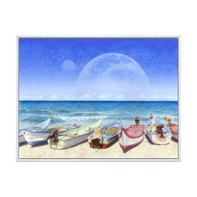 Bateaux sur la plage avec Supermoon - peinture sur toile