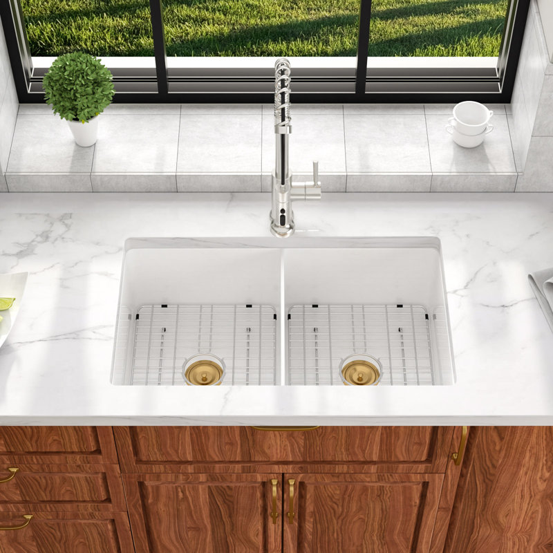 32" L x 19" W Fireclay Porcelain Ceramic Double Basin White Undermount Kitchen Sink 50/50 Split Sink