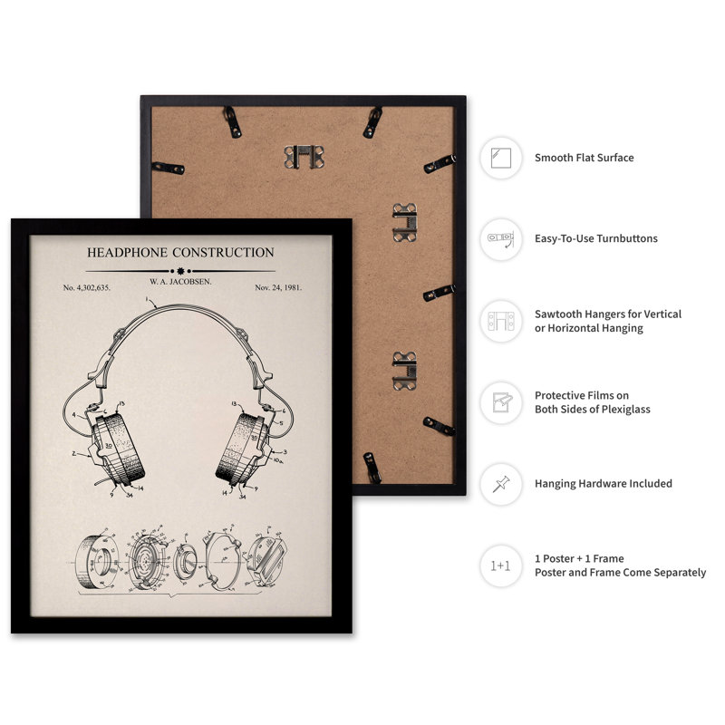 Headphones Blueprint No2, Black Framed, Poster, 11"H x 14"W