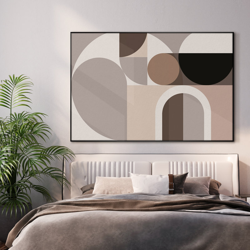 Reproduction d'art encadré très grand moderne moderne à motif géométrique beige et brun (assemblage requis)