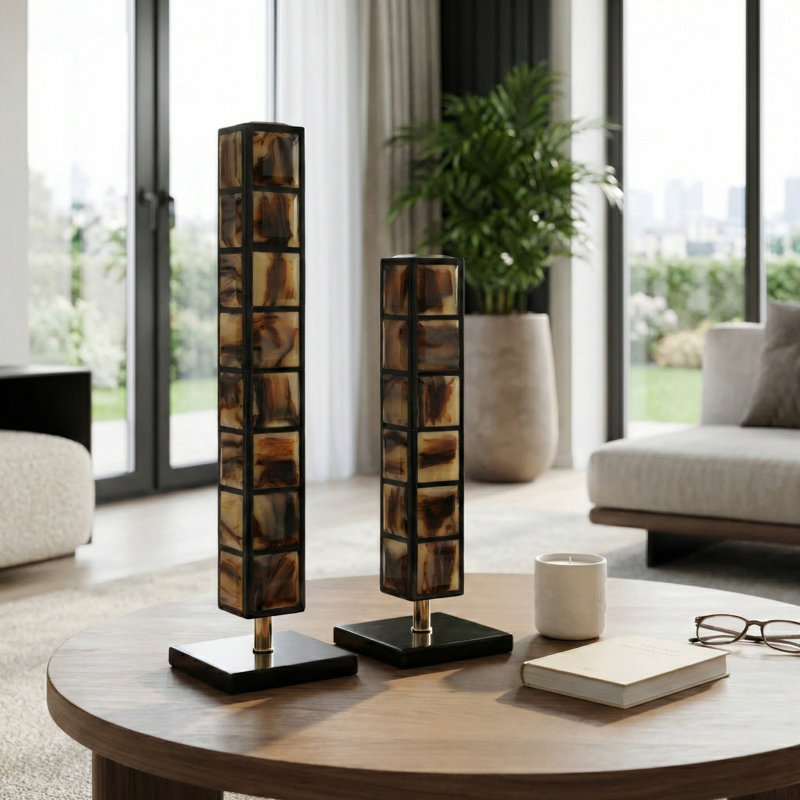 Modern Resin Towers Sculptures with Metal Frame for Home Decor - Artistic Statue Accents for Living Room or Console Decoration - Set of 2, 21", 16"