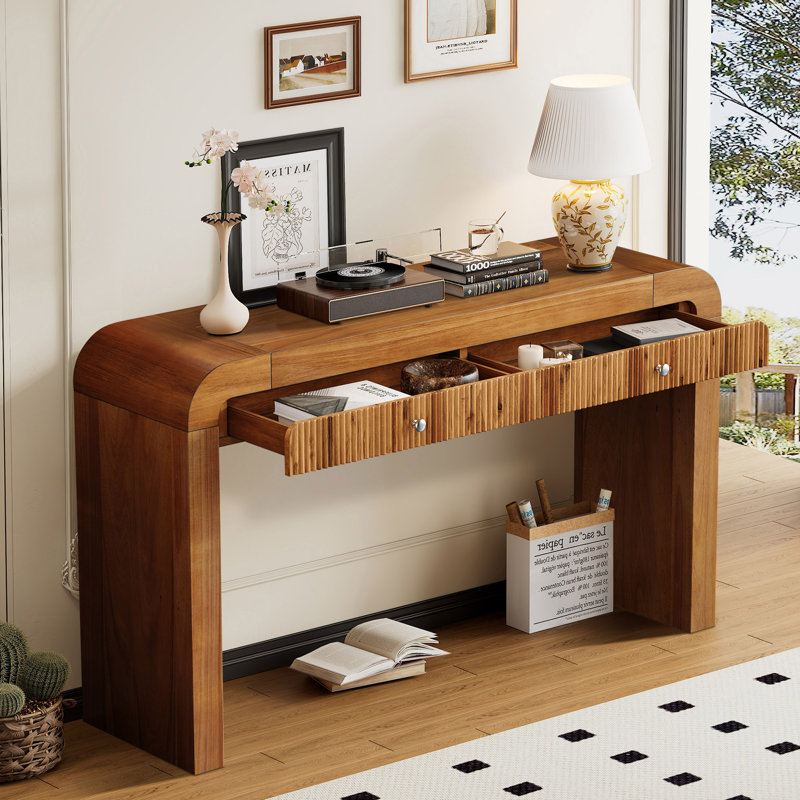 Floret 54.3" Fluted Design Console Table With Curved Edge, Brown