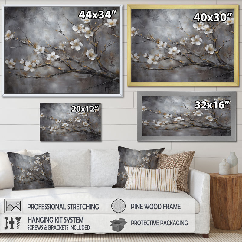 Harmonie II - art floral mural blanc, H 24 po x l 32 po x P 1 po, Cadre simple blanc