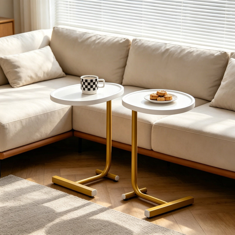 Modern Oval C-Shaped Side Tables with Raised Tray Top and Metal Base(Set of 2), White Top/Gold Base