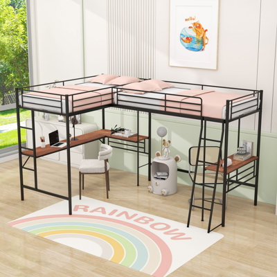 Twin Size Metal Loft Bed With Two Built-In Desks And Ladder
