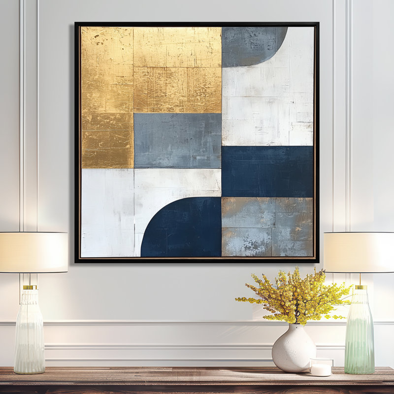 Nuriddin géométrique bleu doré et gris forme pure IV - abstrait géométrique, art mural, Impression encadrée flottante