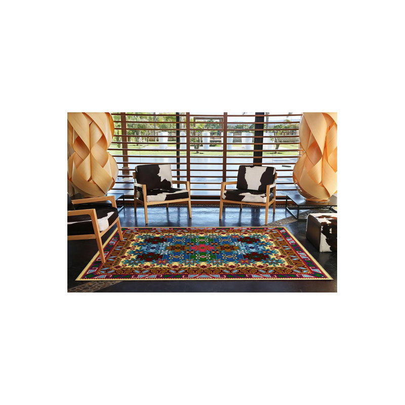 Tapis décoratif traditionnel bleu lavable à la machine