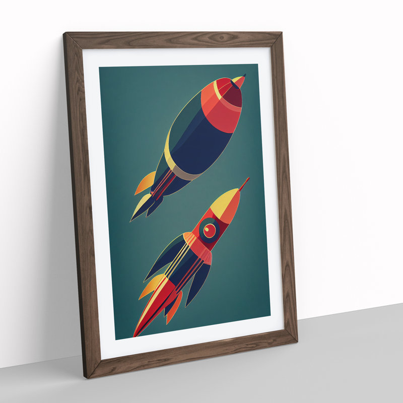 Retro Spaceship Rockets - Framed Print, 34cm H x 25cm W x 2cm D, Brown Framed