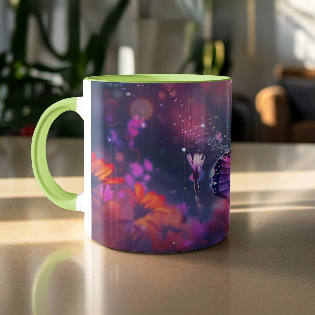 Set of 3 Butterfly Design 11oz Accent Mugs – White Ceramic Coffee Cup with a Light Green Handle and Interior