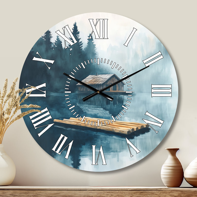 Horloge murale rustique verte en métal, style chalet en bois et radeau sur un lac - Grande horloge murale en métal vert