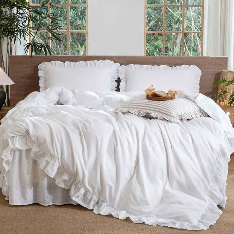 Ensemble de housse de couette à volants 100% coton délavé MooMee, Housse de couette grand et 2 taies décoratives