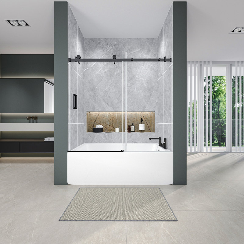 Porte de douche coulissante simple sans cadre l 56 à 60 po x H 60 po, verre trempé Sgcc épais de 1/4 po (6 mm), noir mat, salle de bain, hôtel / appartement
