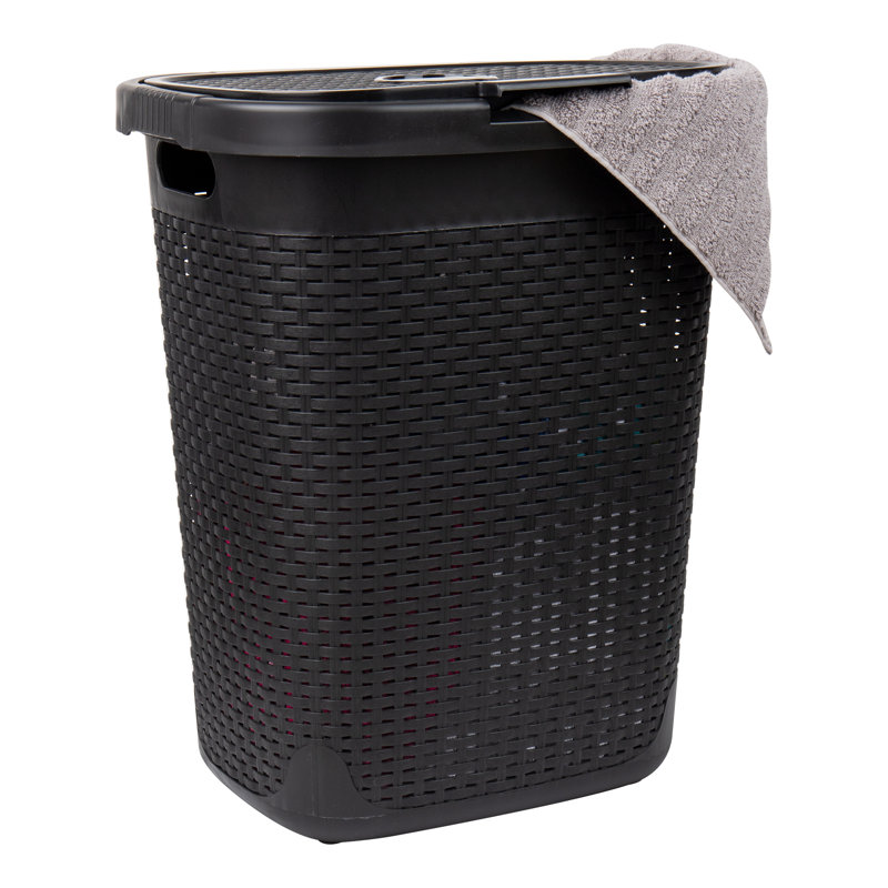  50L Slim Laundry Hamper, Clothes Basket, Lid, Wicker Design, Plastic, Black, 21" H x 17.65" W x 13.75" D