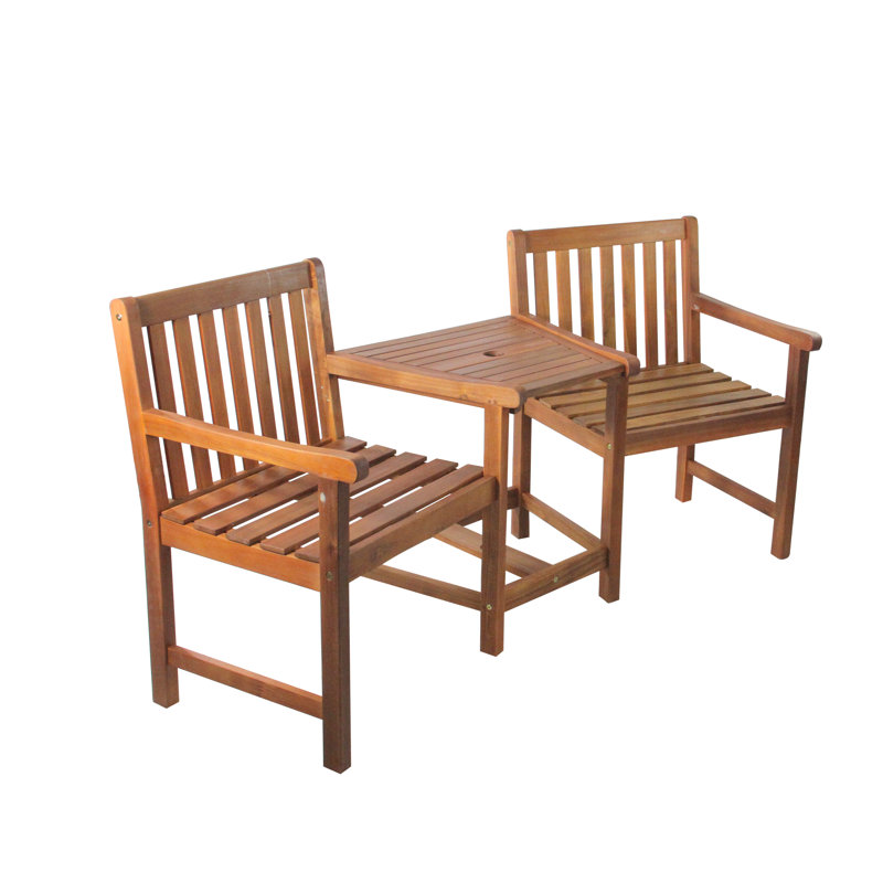 3-Piece Brown Acacia Wood Jack and Jill Chair with Table Outdoor Patio Set 70"