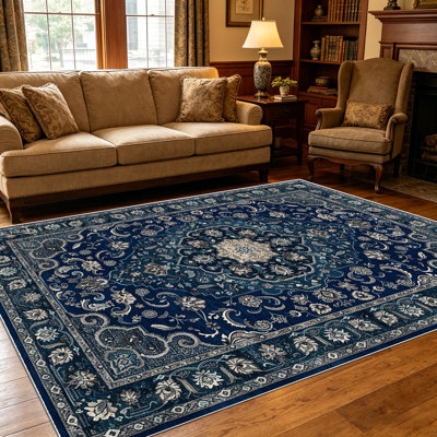 Tapis à motif floral bleu marine persan 1pc pour salon, doux et confortable, convenant à toutes les saisons, facile à entretenir, lavable à la machine, tapis de dessous de table convenant à la table à manger, à la chambre à coucher, au vestibule,