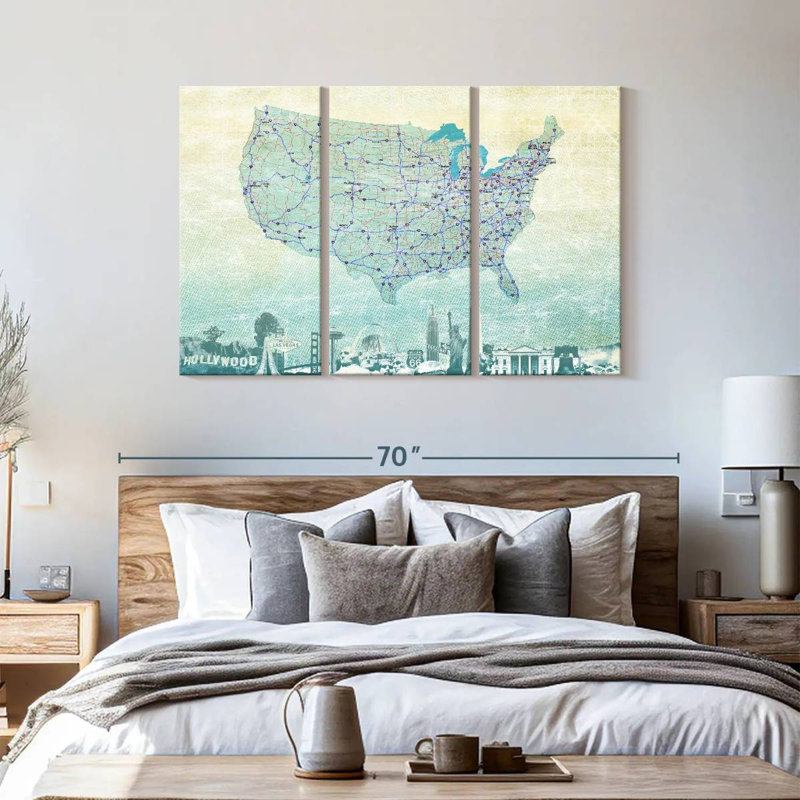 " Highways USA Map " 3 Piece Art Print, 57" H x 36" W x 1.25" D