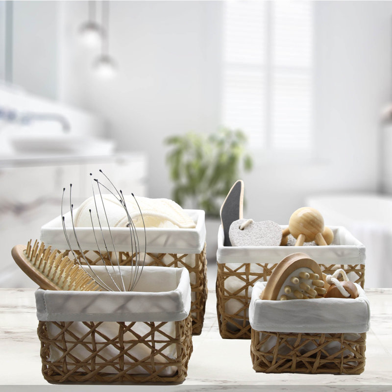 Beige Paper Rope Storage Baskets with White Liners, Set of 4