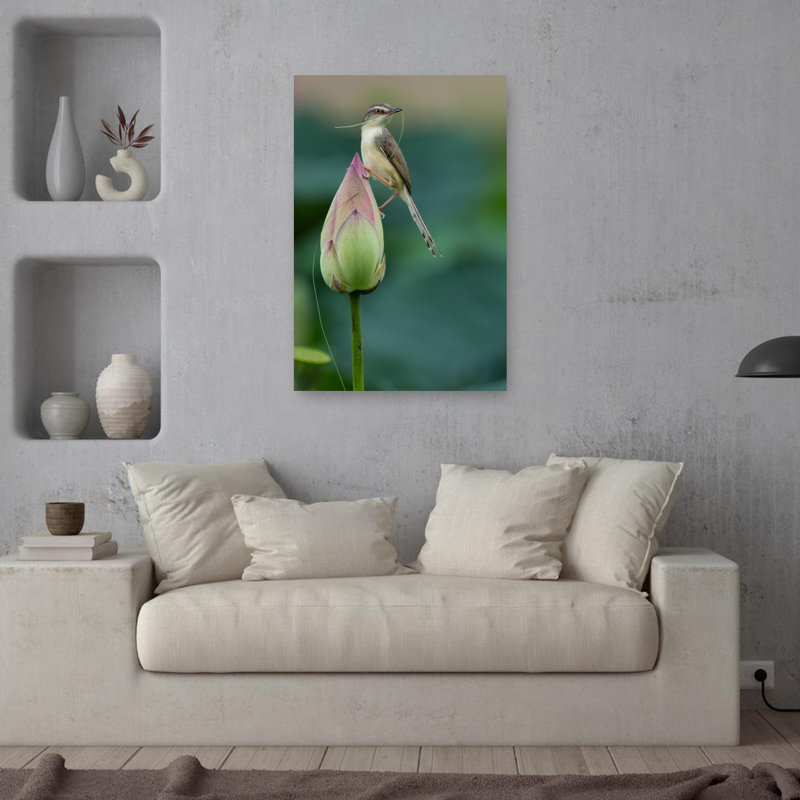 Nesting Bird On Lotus Bud Delicate Peaceful Serene Bird Lotus Nature Tropical Wall Art Print 1 Piece Wrapped Canvas Wall Art