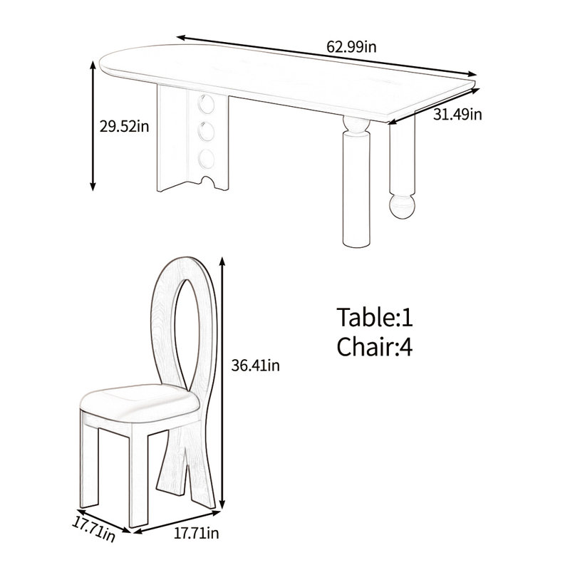 Creative solid wood table dining set, 29.52"H x 62.99"L x 31.49"W