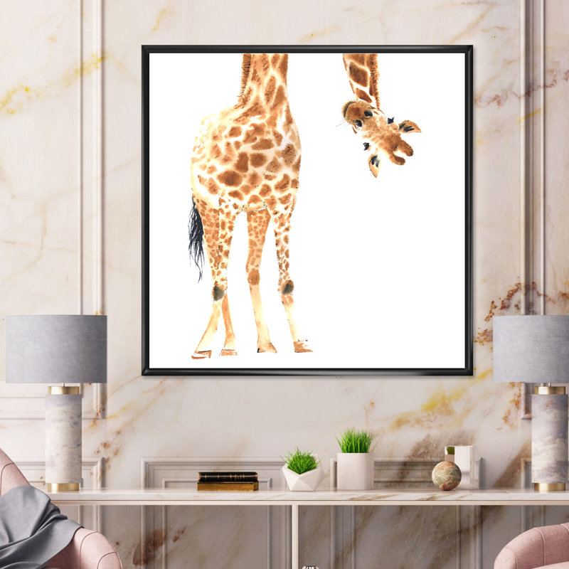 Portrait d'une girafe sur blanc - peinture sur toile, H 36 po x l 36 po x P 1,5 po, Cadre flottant noir