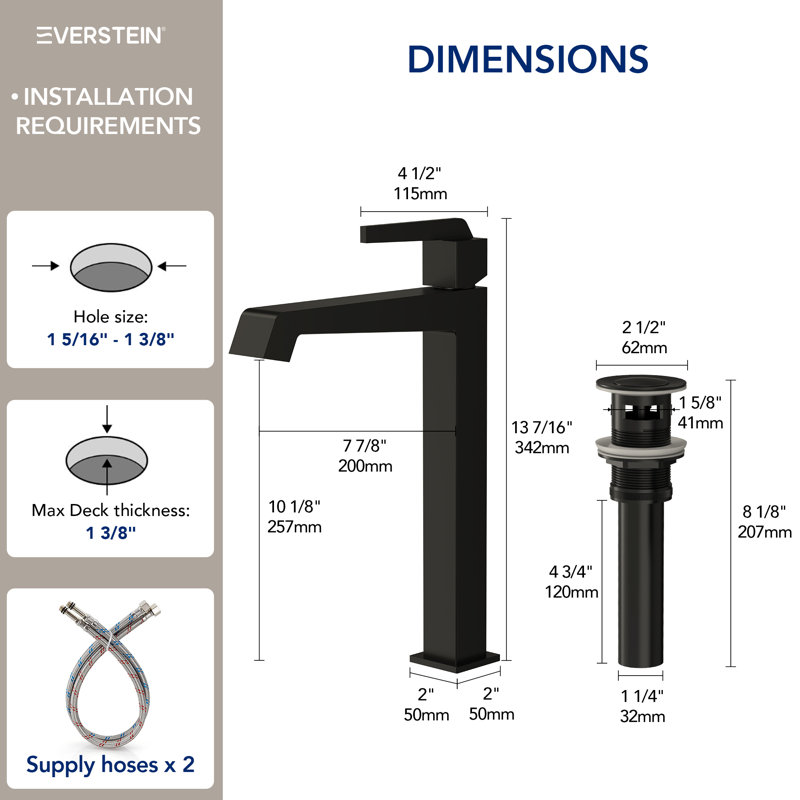 Single Hole Vessel Bathroom Faucet with Drain Assembly, Single Handle Vessel Bathroom Sink Faucet, Matte Black