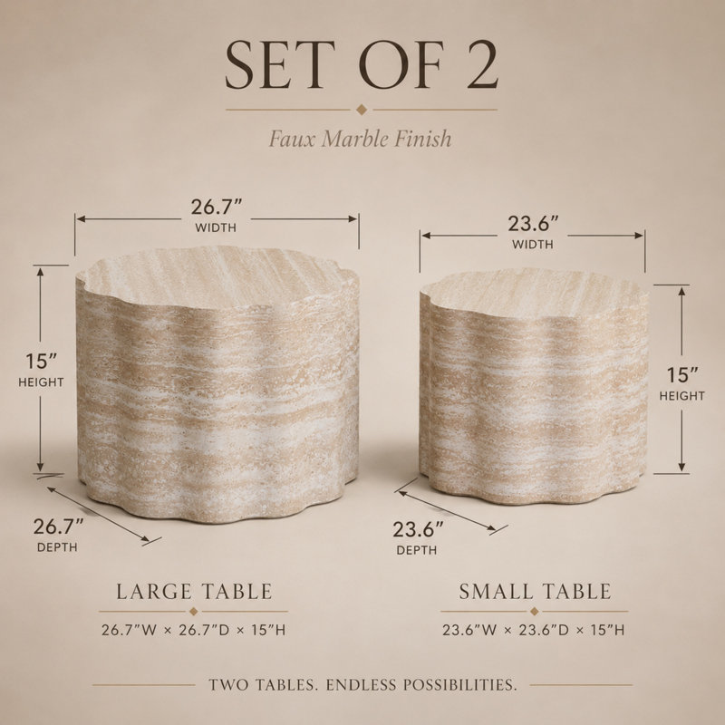 Ensemble de tables basses rondes modernes 2 pièces avec dessus en faux marbre Caston, Beige
