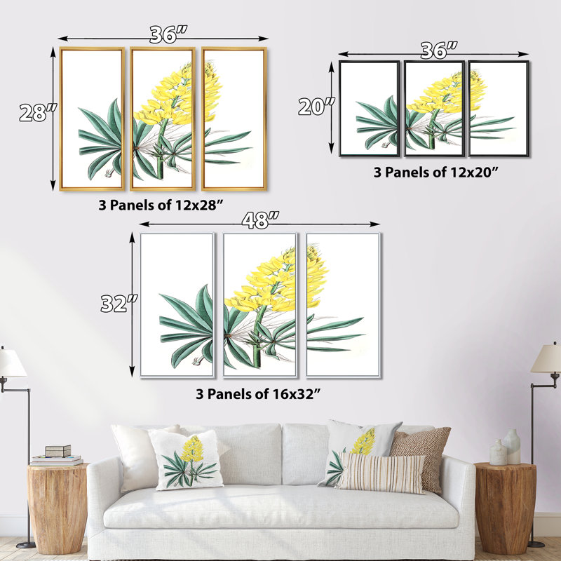 «Vintage Yellow Flower I», peinture sur toile 3 pièces, H 28 po x l 36 po x P 1 po, Noir