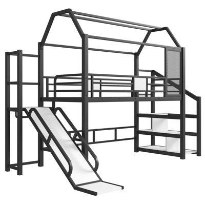 Twin House Loft Bed With Slide And Stairs, Metal Playhouse Bed With Storage Shelves, House-Shaped Roof And Noise-Free Design