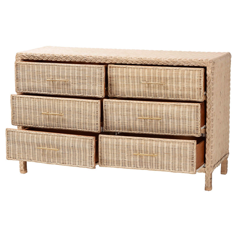 Camodeca Japandi Sun-Bleached Braided Rattan 6-Drawer Dresser
