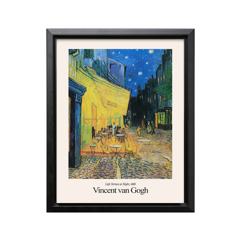 Van Gogh - terrasse de café la nuit, Cadre noir, Canevas, H 16 po x l 20 po