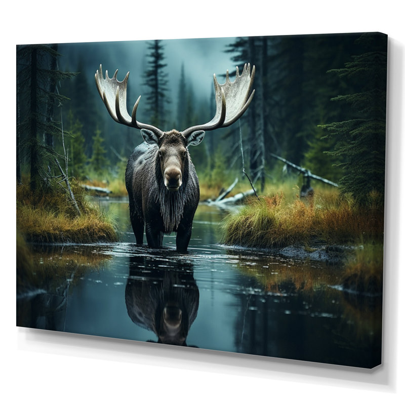 «Green Moose Forest Dusk», art mural orignal, Toile tendue, H 30 po x l 40 po x P 1,5 po