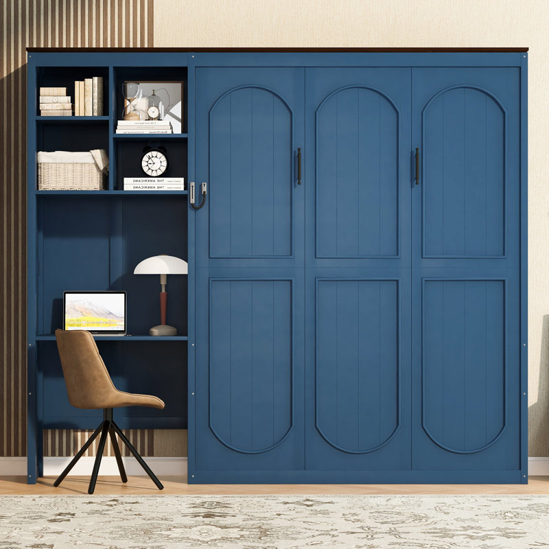 Grand lit escamotable avec bureau intégré et armoire de rangement multicouche, bleu