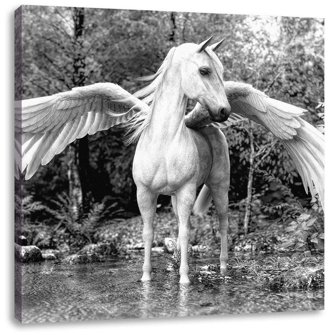 Pegasus In The Flow Of An Autumn Forest, Monochrom als Leinwand Leinwand Quadrat