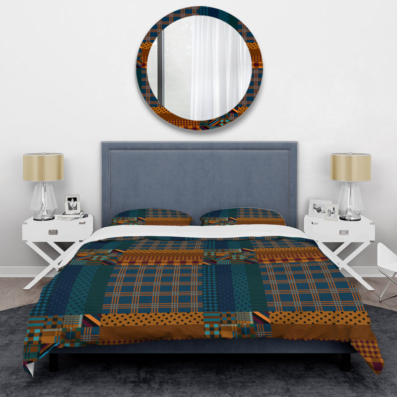 Patchwork bleu et brun - ensemble de housse de couette abstrait - microfibre de polyester