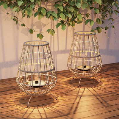 2‑Pack Solar Outdoor Lanterns, Woven Polyester Cord Patio Floor Lights with Dusk‑to‑Dawn Sensor, LED Edison Bulb Weather‑Resistant Decorative Lamps for Garden Porch Yard