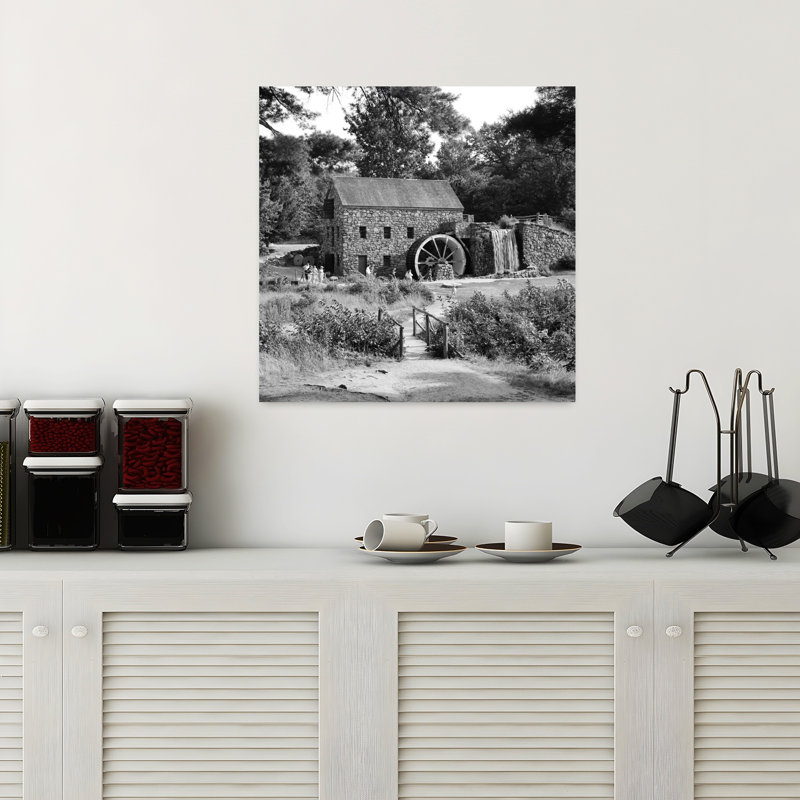 1960S People Tourists Visiting Rustic Grist Mill With Stone Structure Waterfall And Waterwheel Sudbury Massachusetts Usa Classic Retro Rustic Lands...