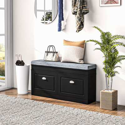 Black Shoe Rack Bench For Entryway, With Cushion And 2 Compartment Drawers, Adjustable Shelf Holds 8 Pairs, Useful Modern Bench, Black, Entryway & Fits Multi-Purpose Use